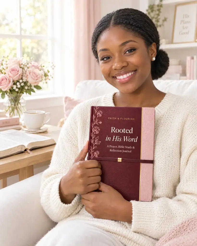A smiling woman holding the Rooted in His Word journal